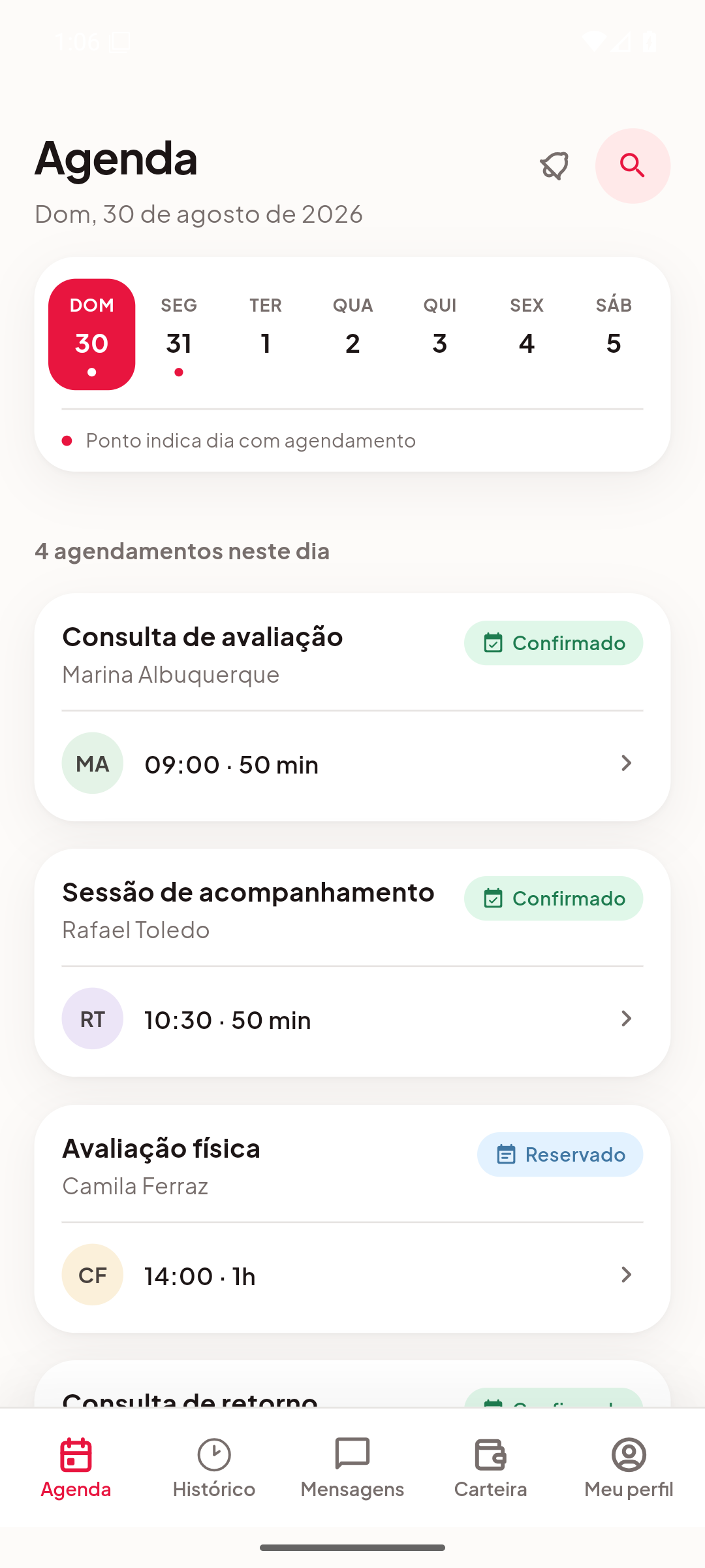 Tela de agenda do Appointment mostrando quatro agendamentos no dia: consulta de avaliação às 9h e sessão de acompanhamento às 10h30, ambas confirmadas, e avaliação física às 14h, reservada.