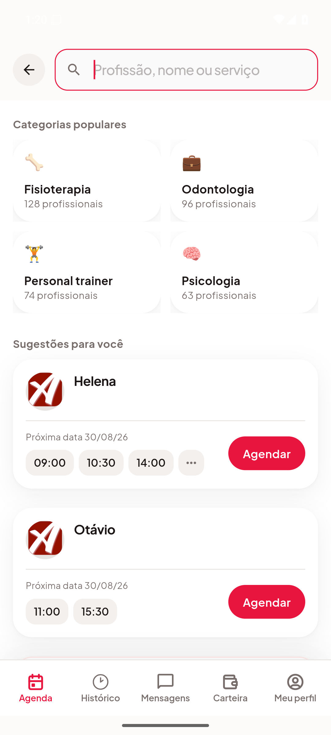 Tela de busca do Appointment com categorias populares e cards de profissionais exibindo a próxima data livre e os horários disponíveis — 9h, 10h30 e 14h — com o botão de agendar ao lado.
